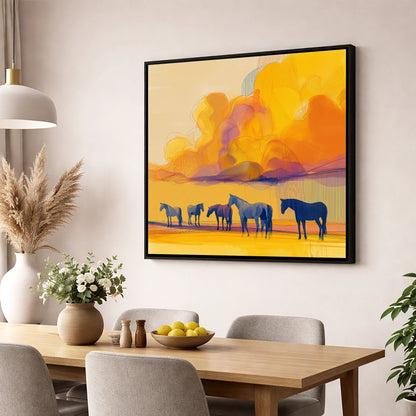 Vibrant Horizon Herd horse landscape wall art displayed in a dining room