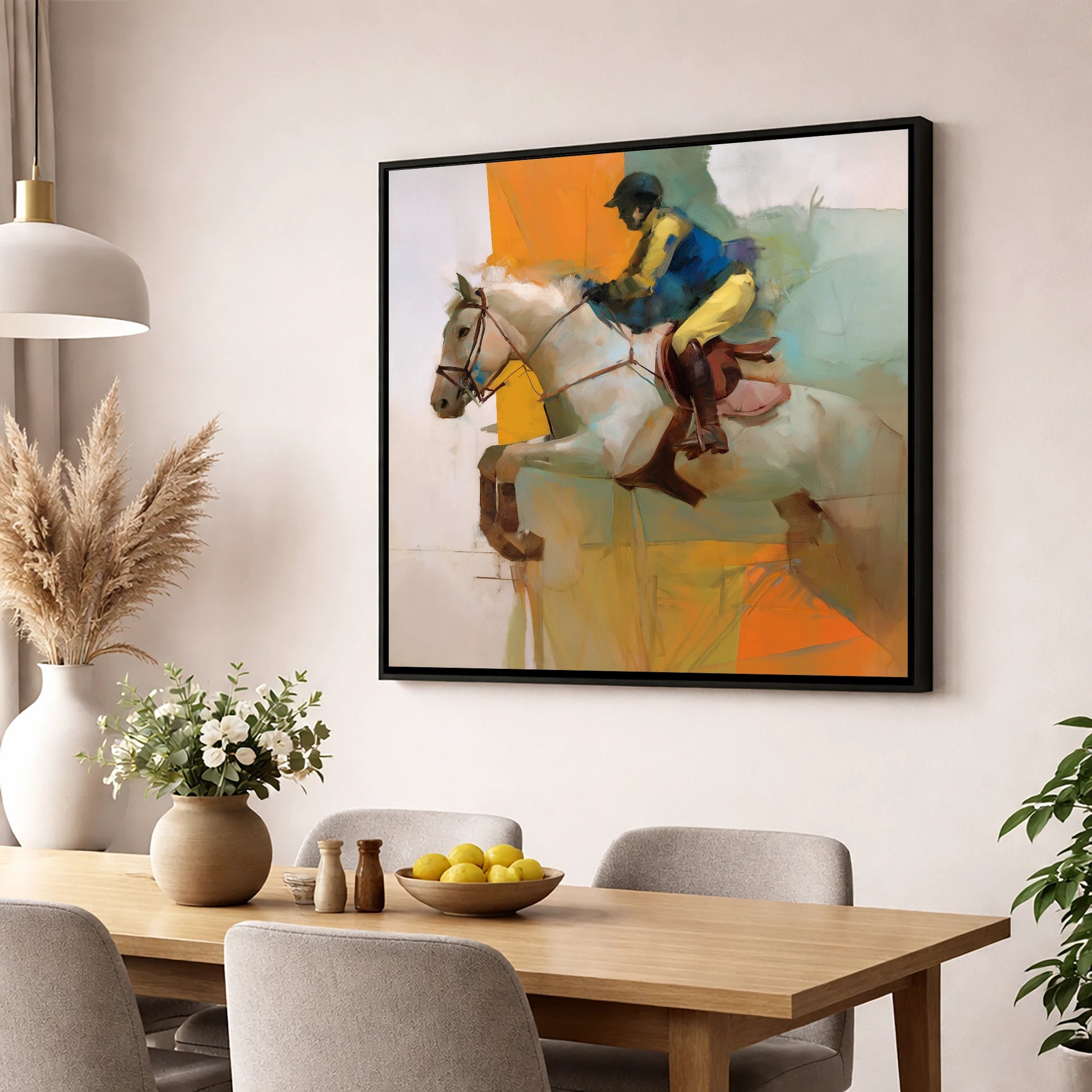 Flight in Vibrant Colour show jumping horse wall art displayed in a dining room