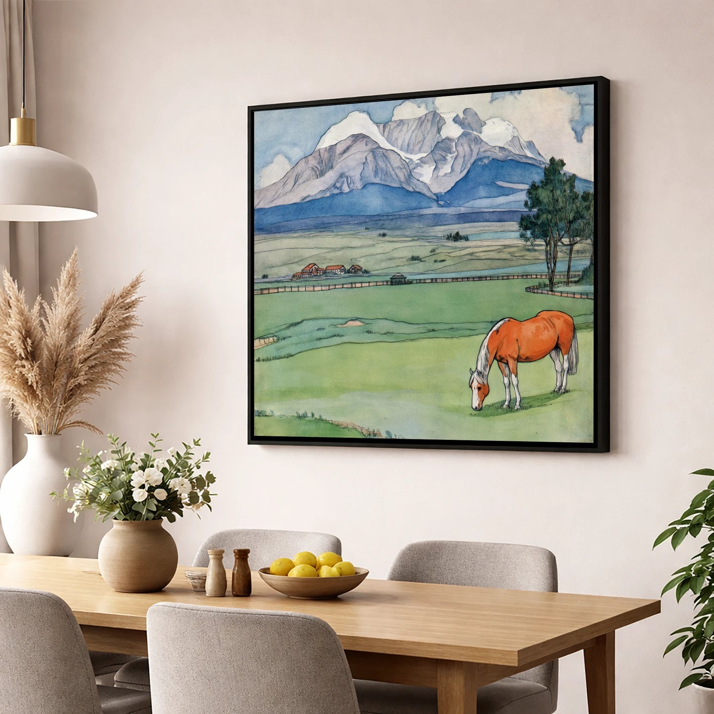 Alpine Pastures horse landscape wall art displayed in a dining room