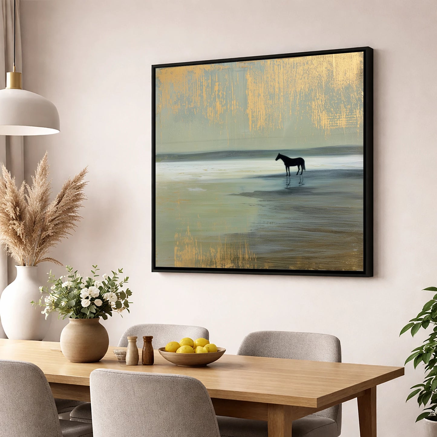 Gilded Horizon horse landscape wall art displayed in a dining room