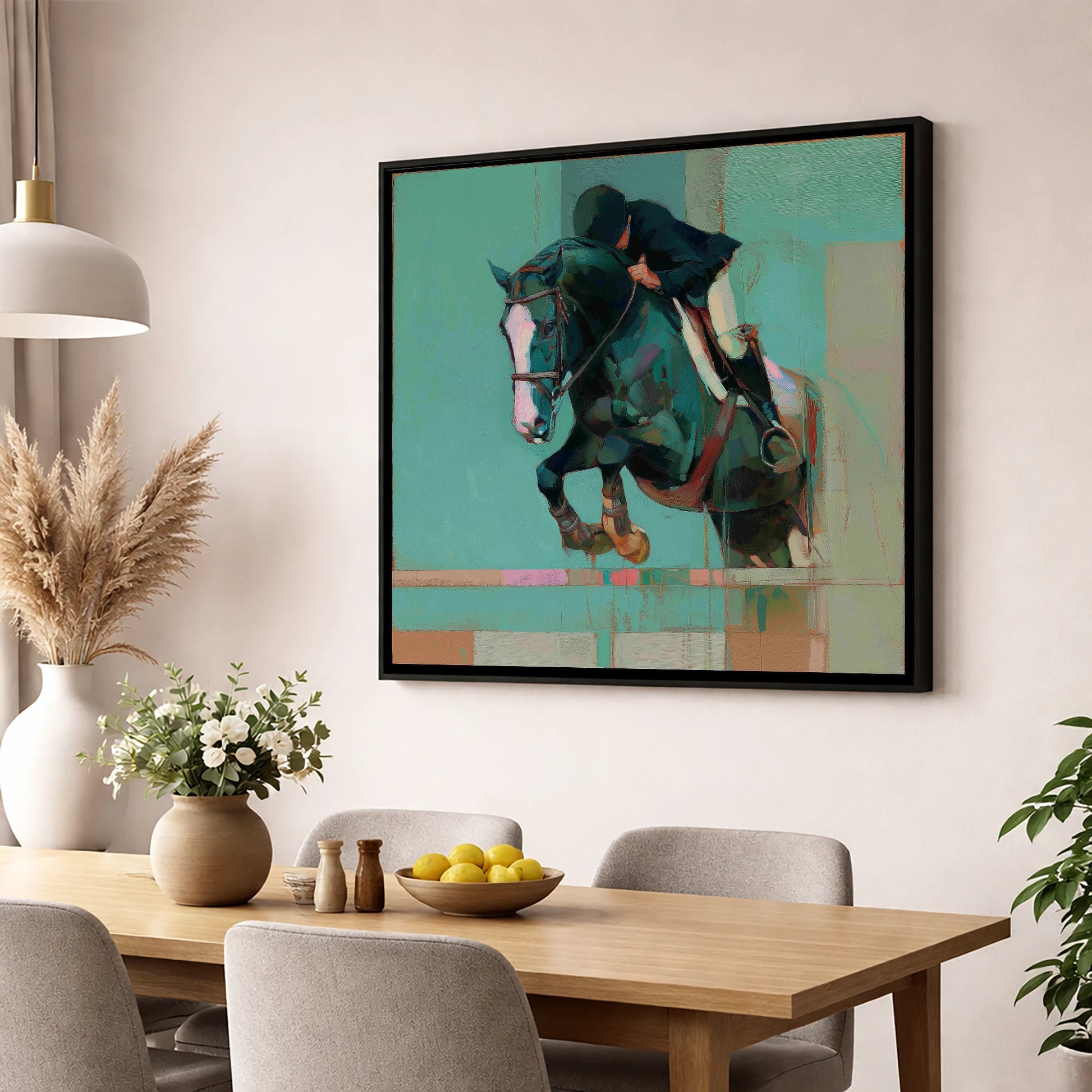 Suspended in Teal show jumping horse wall art displayed in a dining room