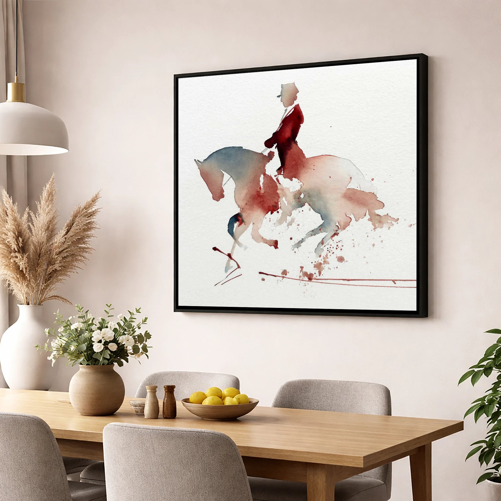 Crimson Collection dressage horse wall art displayed in a dining room