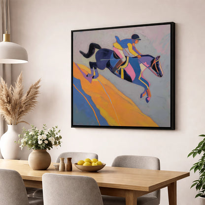 Vibrant Mid-Air Leap show jumping horse wall art displayed in a dining room
