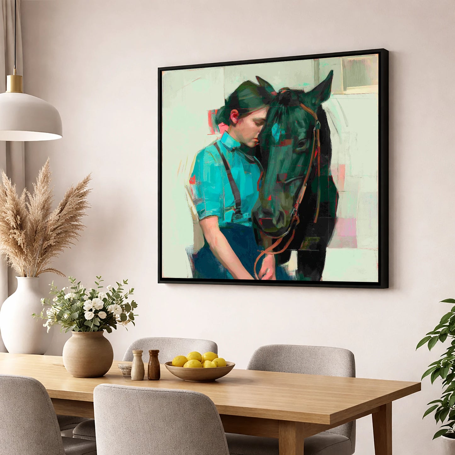 A Quiet Understanding horse & rider wall art displayed in a dining room