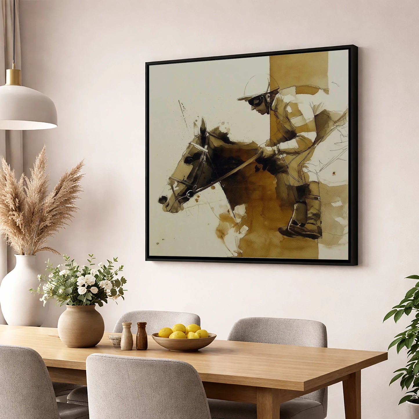 Pace in Profile racing horse wall art displayed in a dining room