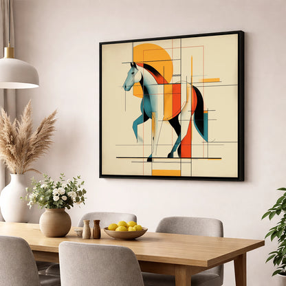 Geometric Equine Rhythm horse portrait wall art displayed in a dining room