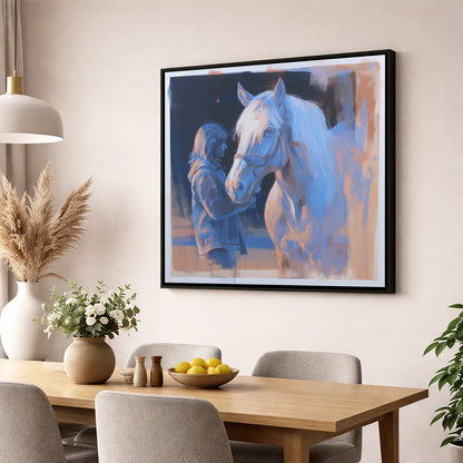 The Cobalt Bond horse & rider wall art displayed in a dining room