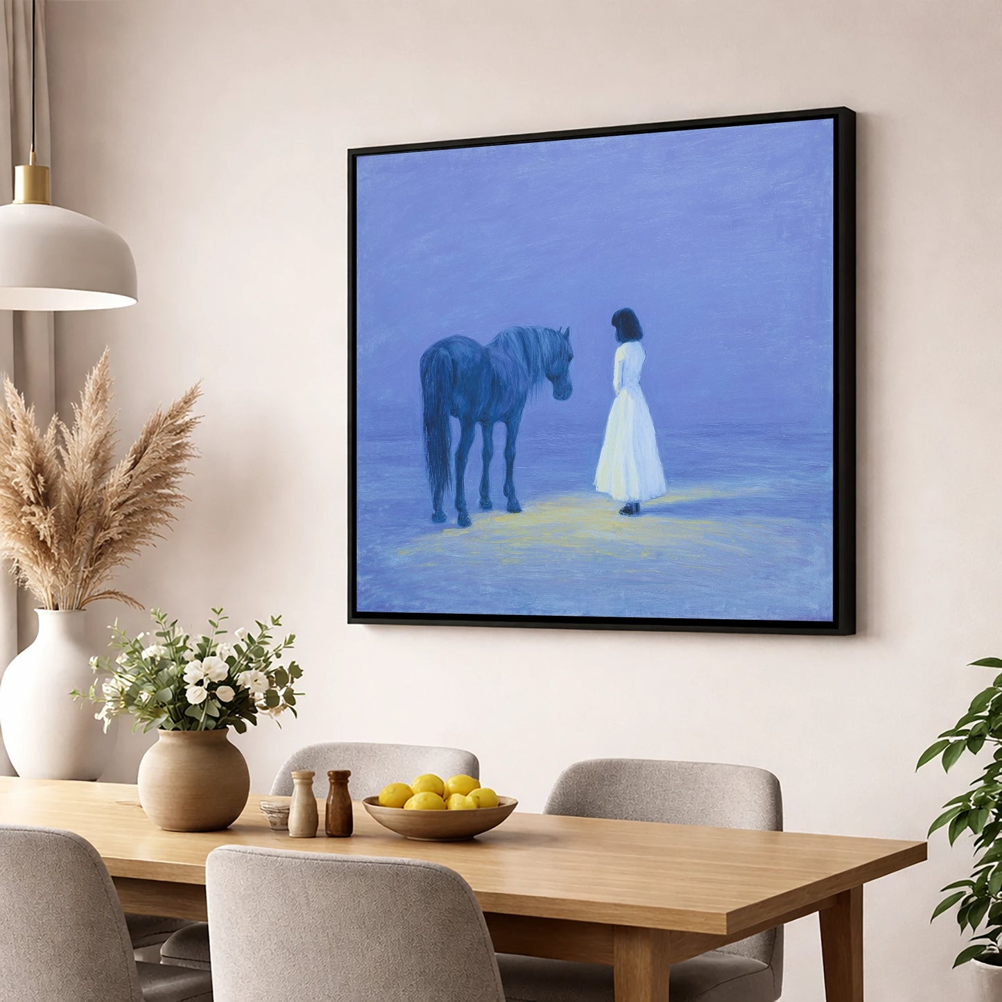 The Quiet Meeting horse & rider wall art displayed in a dining room