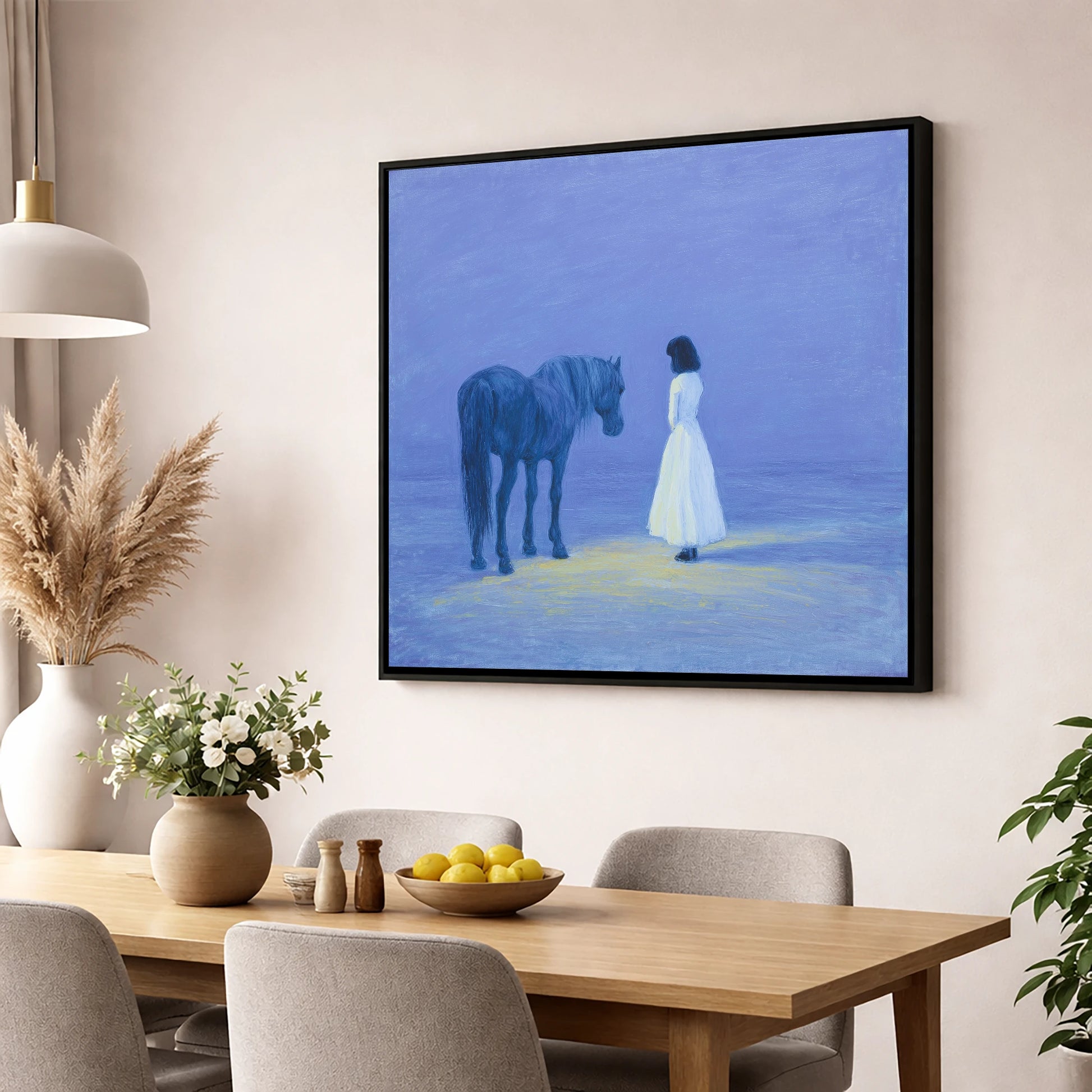 The Quiet Meeting horse & rider wall art displayed in a dining room