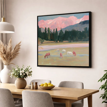 Alpenglow Pastures horse landscape wall art displayed in a dining room