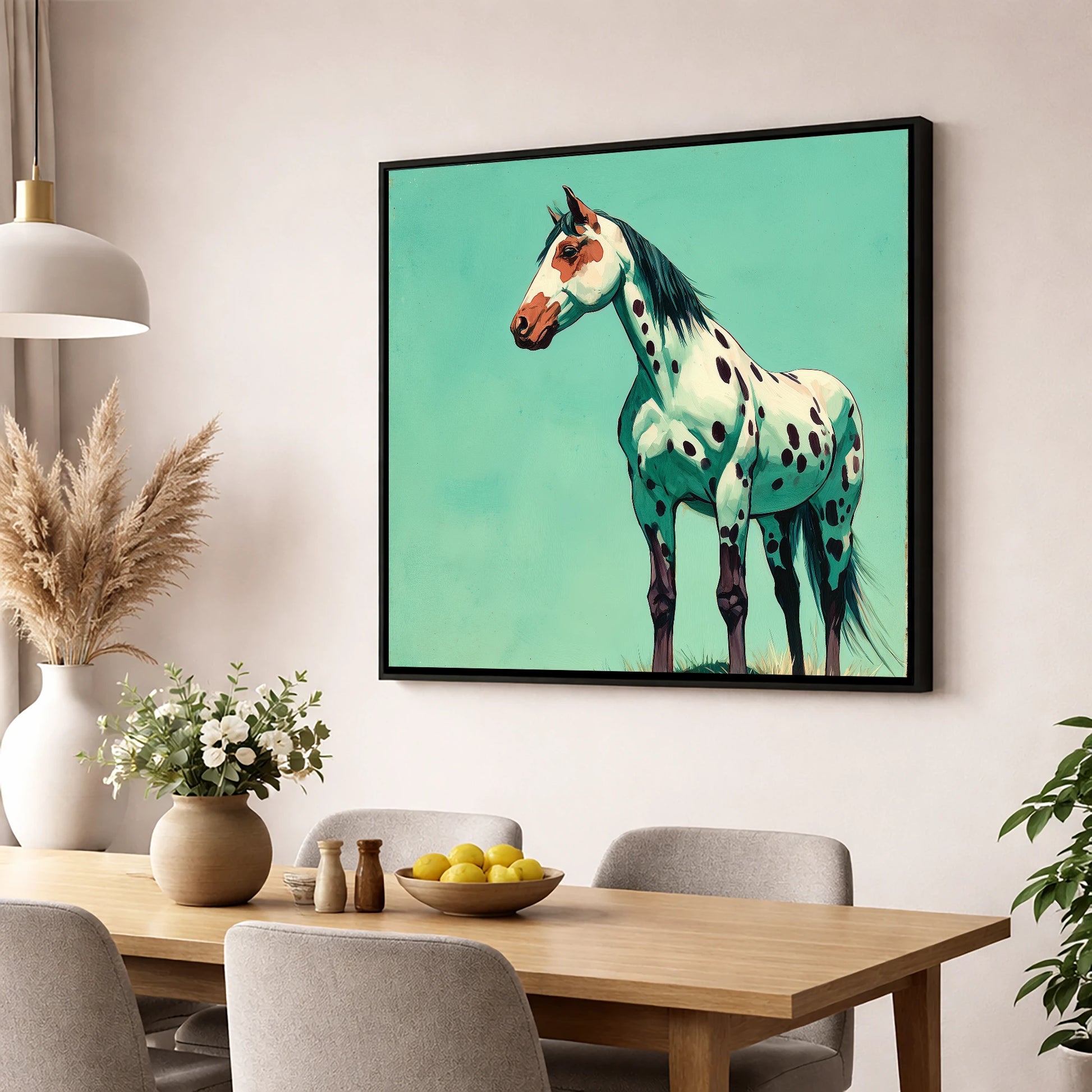 Striking Spotted Appaloosa horse breed wall art displayed in a dining room