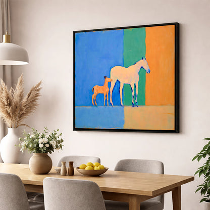 Cobalt and Terracotta Bond mare & foal wall art displayed in a dining room