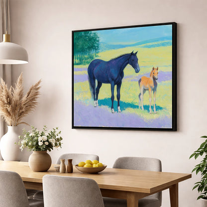Lavender Meadow Bond mare & foal wall art displayed in a dining room