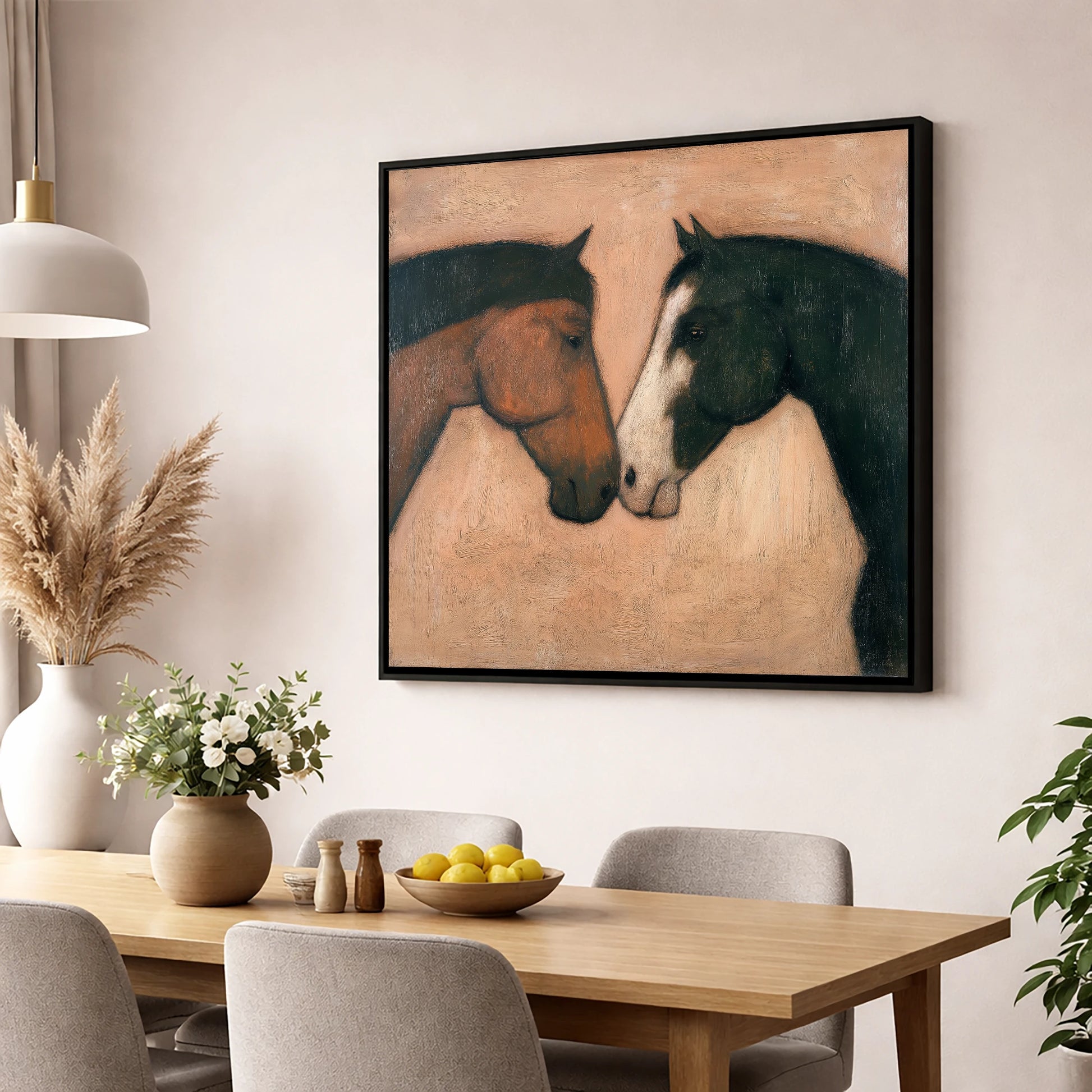 Kindred Spirits horse portrait wall art displayed in a dining room