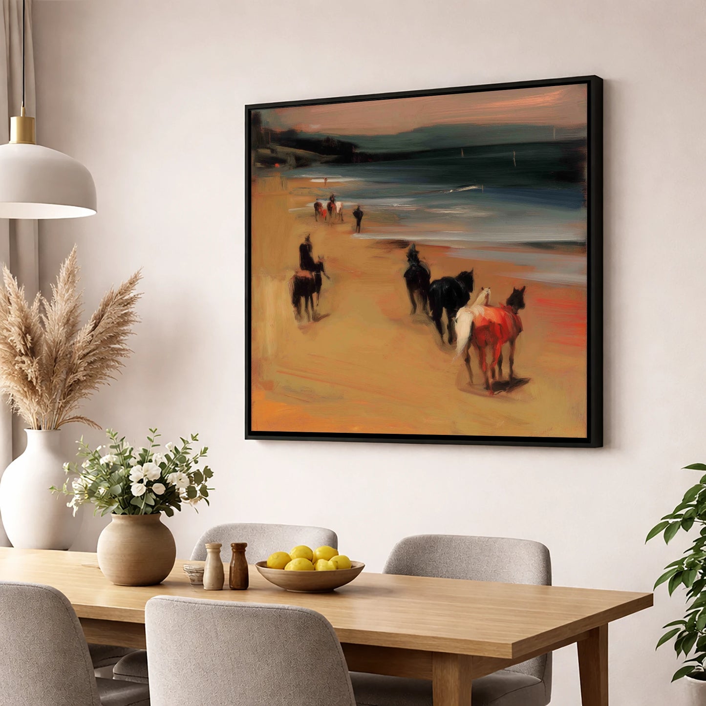 Twilight Coastal Hack horse landscape wall art displayed in a dining room