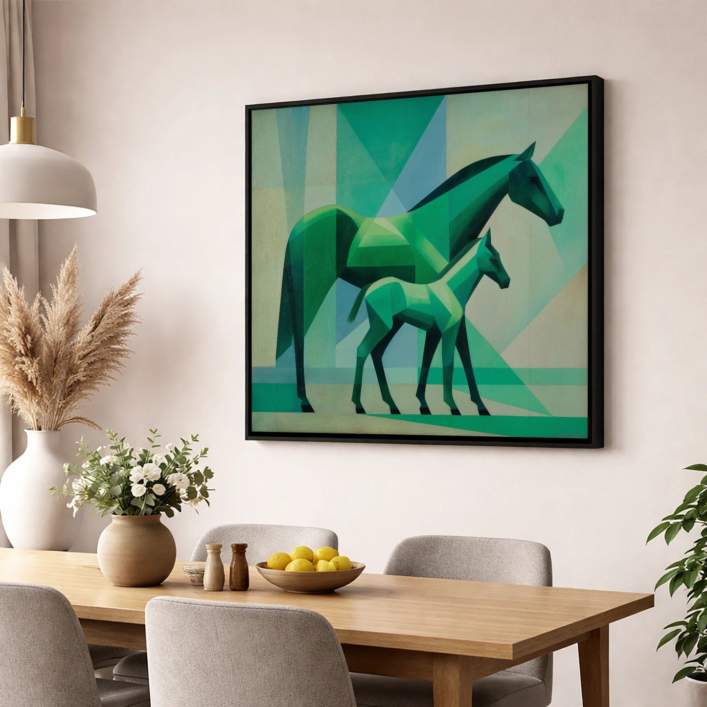 Facets in Emerald mare & foal wall art displayed in a dining room