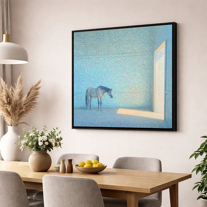 Luminous Grey horse stable wall art displayed in a dining room