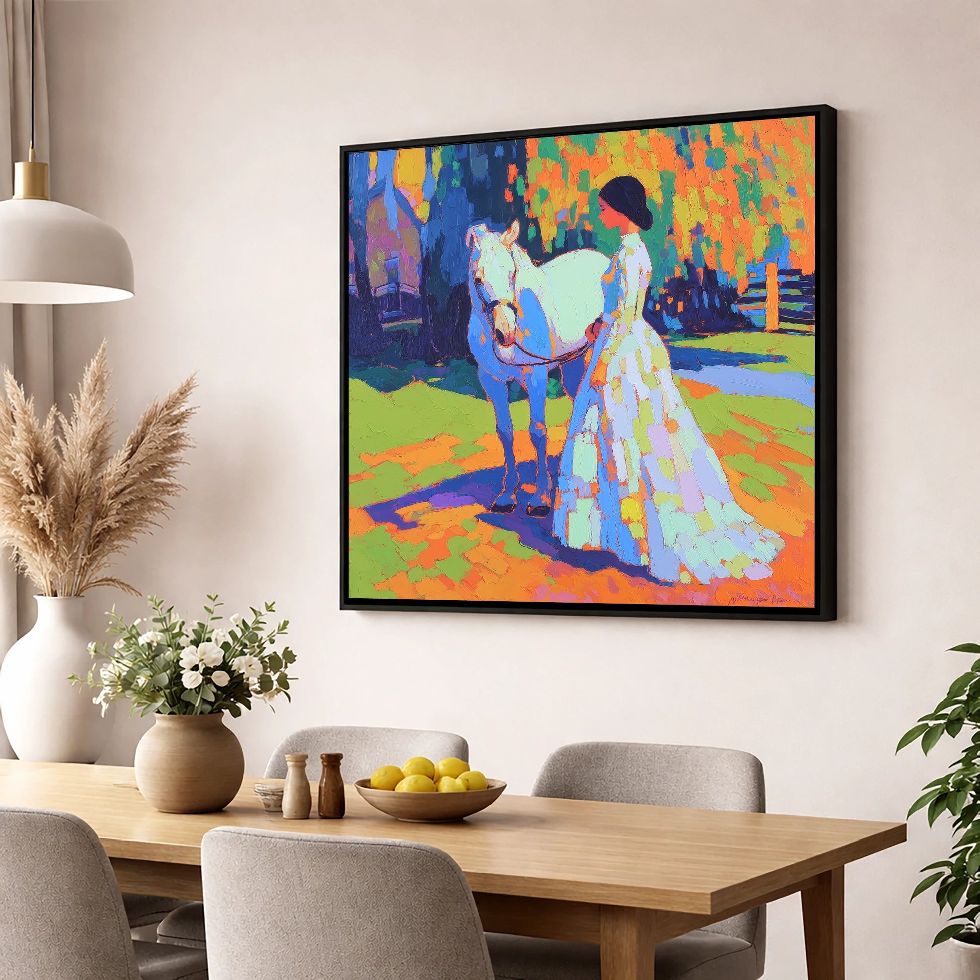 Radiant Bond horse & rider wall art displayed in a dining room