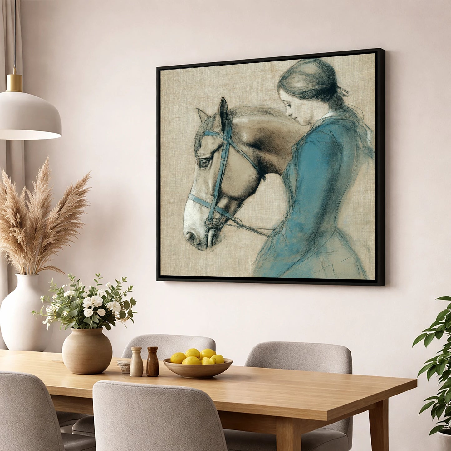 The Silent Bond horse & rider wall art displayed in a dining room