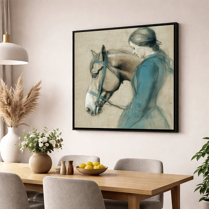 The Silent Bond horse & rider wall art displayed in a dining room