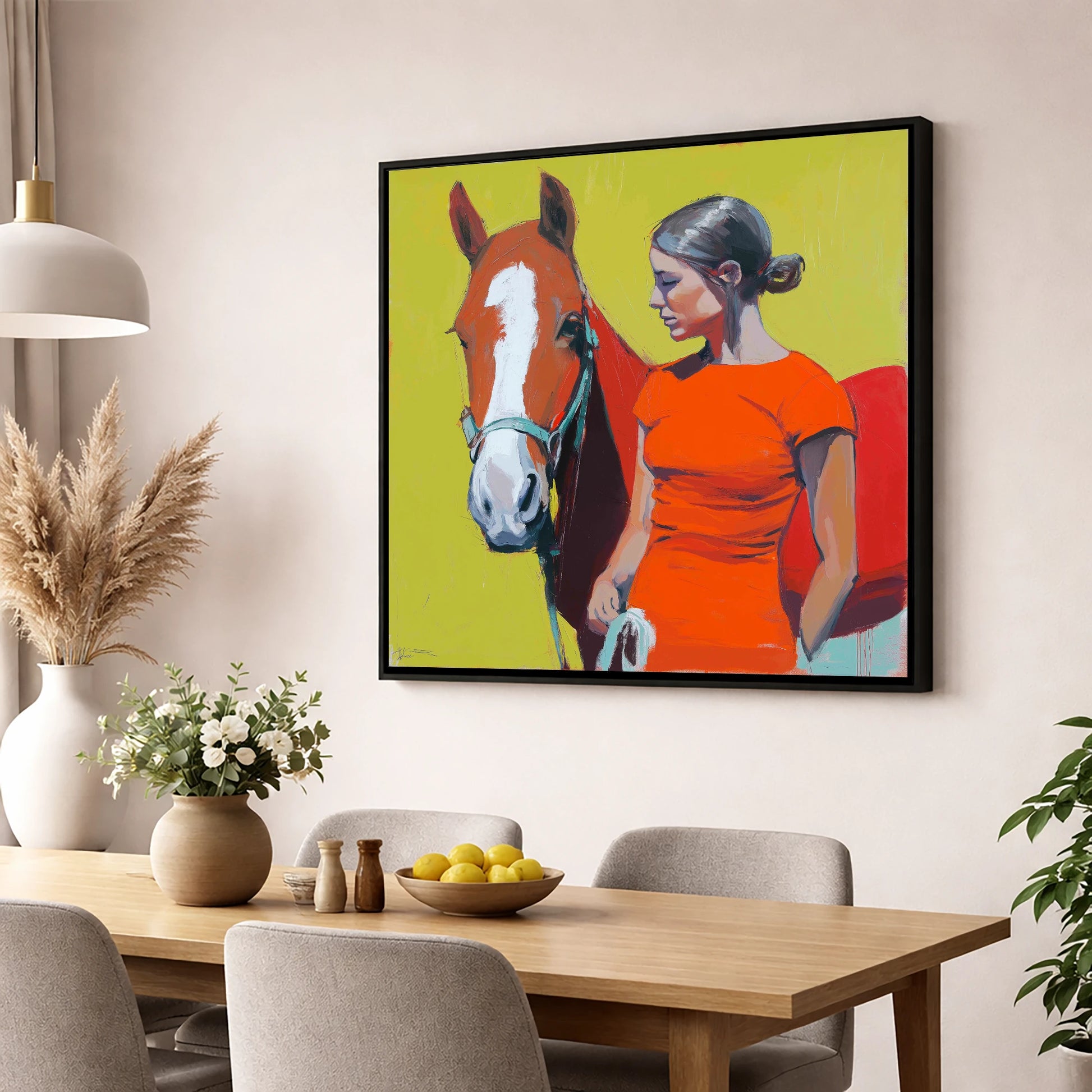Radiant Bond horse & rider wall art displayed in a dining room