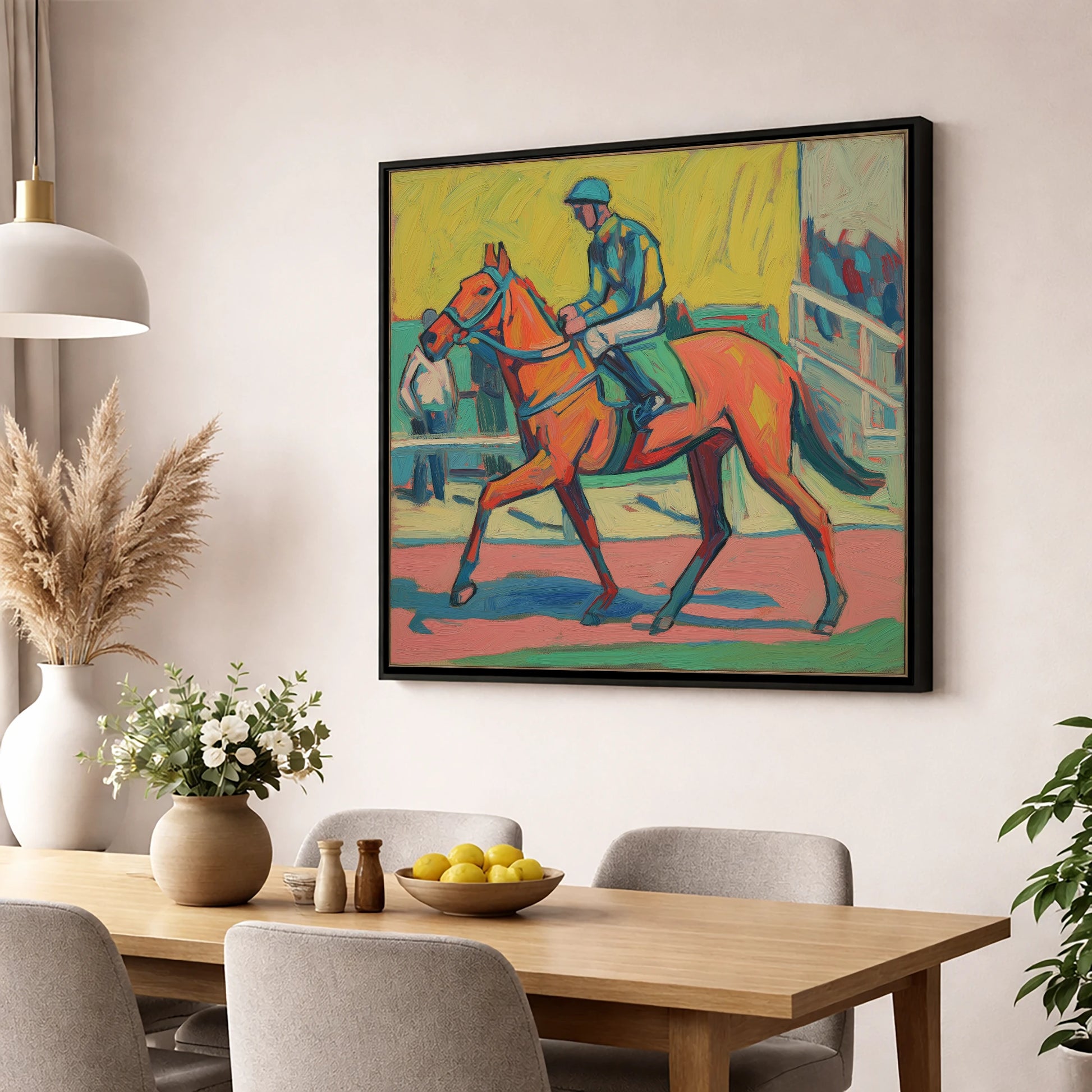 The Bold Contender racing horse wall art displayed in a dining room