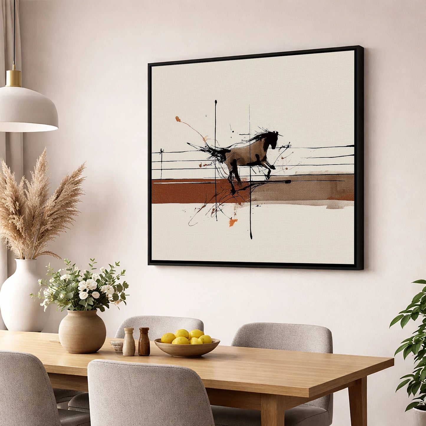 Unbridled Momentum horse portrait wall art displayed in a dining room