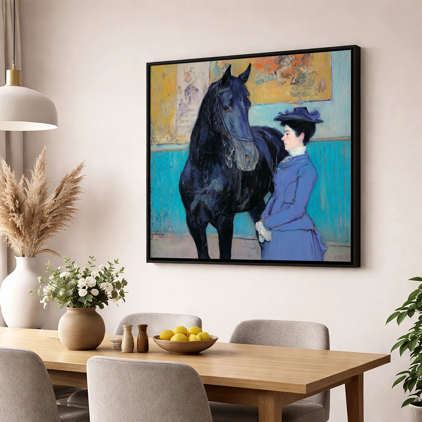 Elegant Acquaintance horse & rider wall art displayed in a dining room
