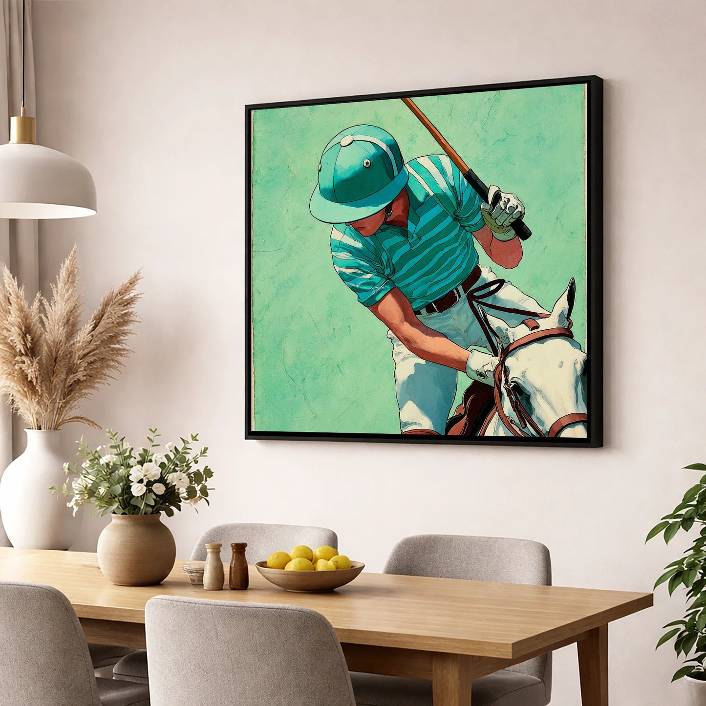 The Striker's Focus polo horse wall art displayed in a dining room