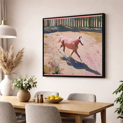 Sunlit Arena Stride horse breed wall art displayed in a dining room