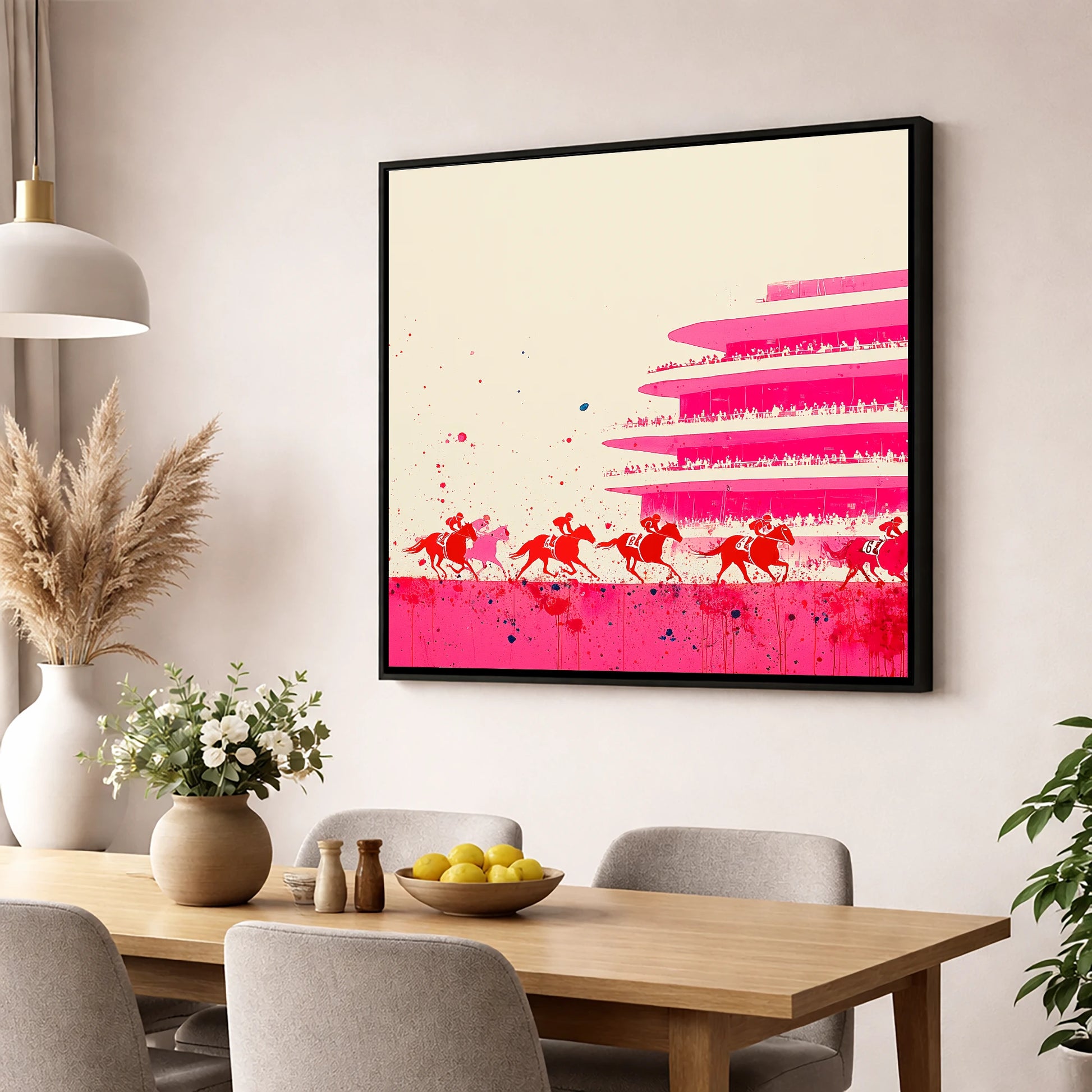 Magenta Grandstand Sprint racing horse wall art displayed in a dining room