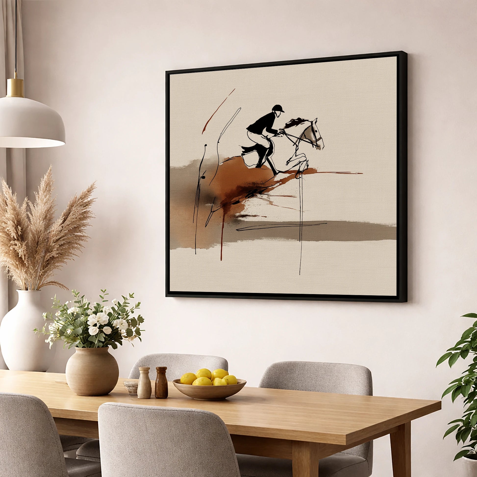 Dynamic Suspension show jumping horse wall art displayed in a dining room