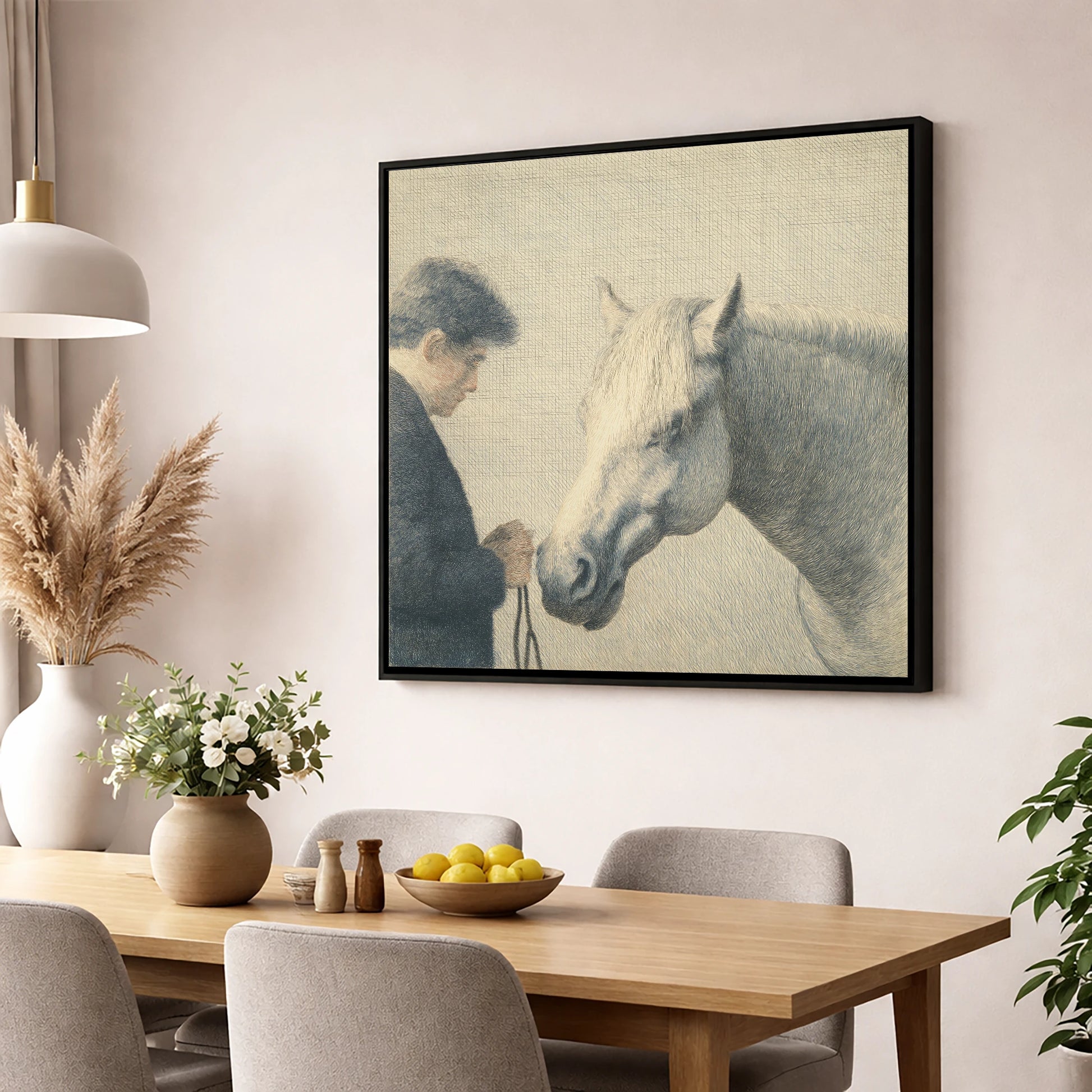 The Quiet Bond horse & rider wall art displayed in a dining room