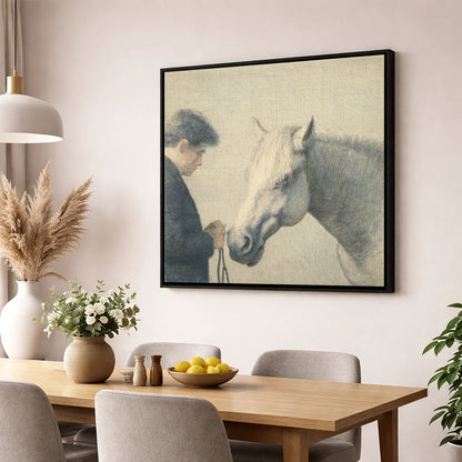 The Quiet Bond horse & rider wall art displayed in a dining room