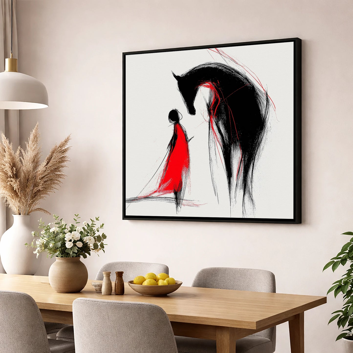 Crimson Bond horse & rider wall art displayed in a dining room