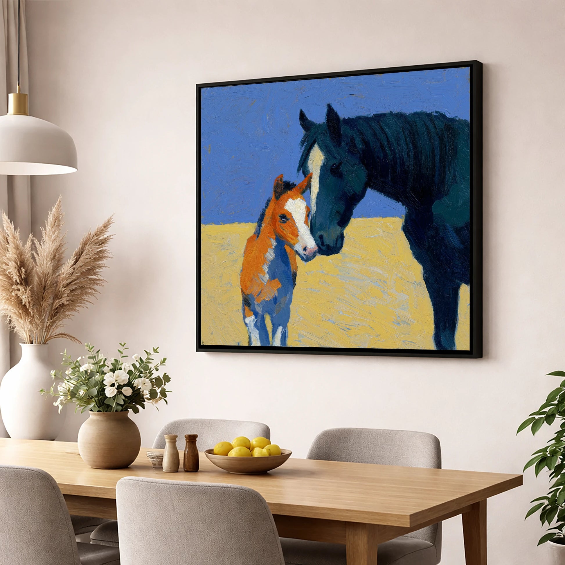 Sun-Drenched Bond mare & foal wall art displayed in a dining room