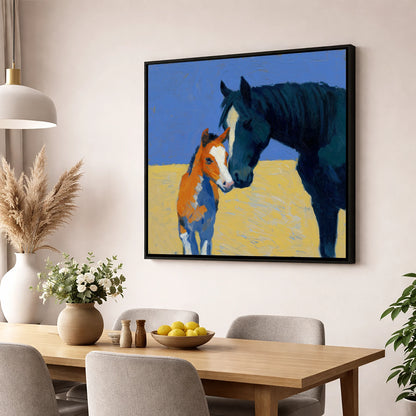 Sun-Drenched Bond mare & foal wall art displayed in a dining room