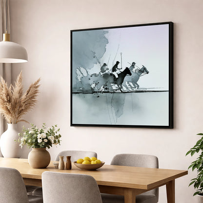 Shadows of the Chukka polo horse wall art displayed in a dining room