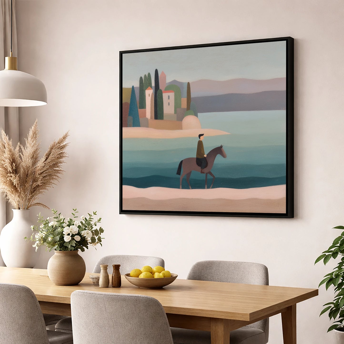 The Painted Shore beach horse wall art displayed in a dining room