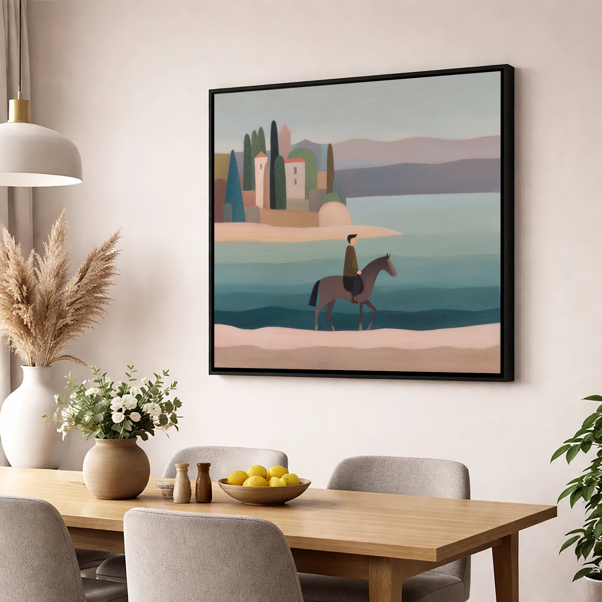 The Painted Shore beach horse wall art displayed in a dining room