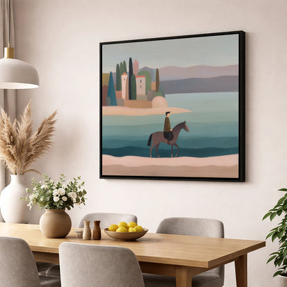 The Painted Shore beach horse wall art displayed in a dining room