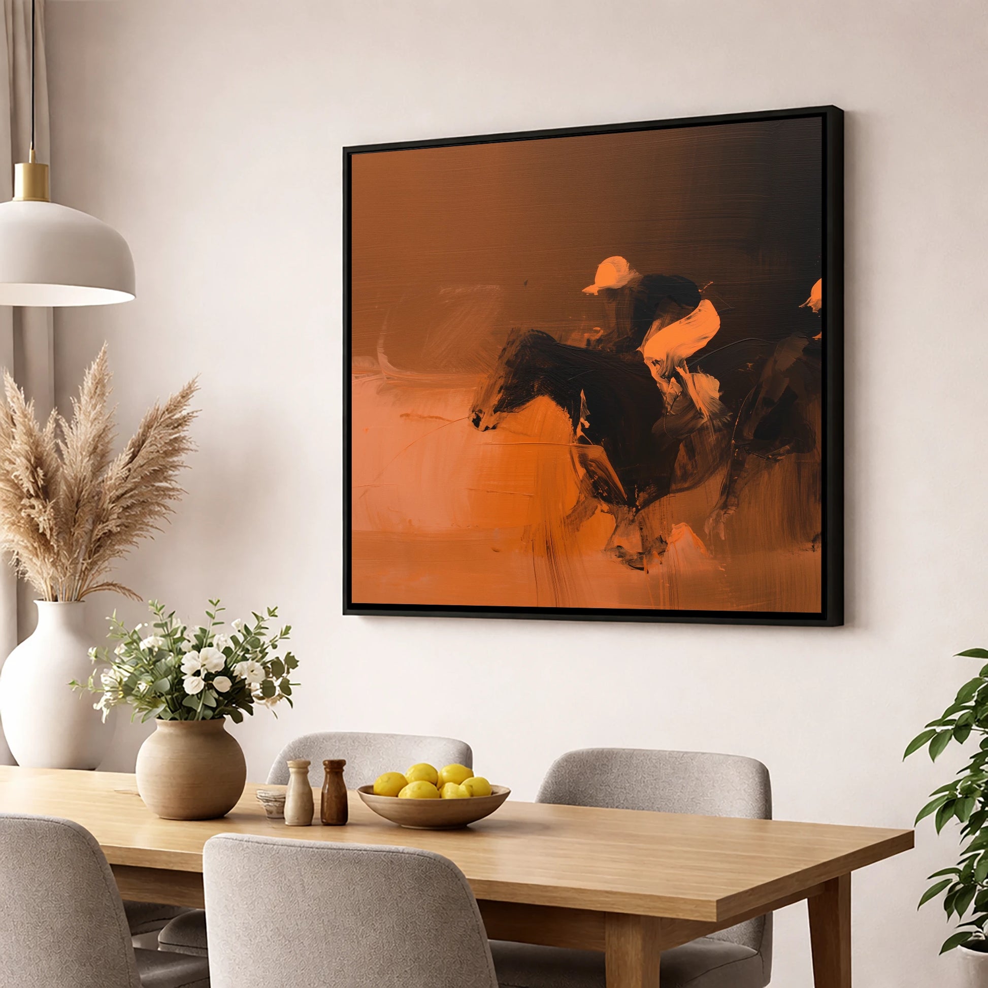 Amber Sprint racing horse wall art displayed in a dining room