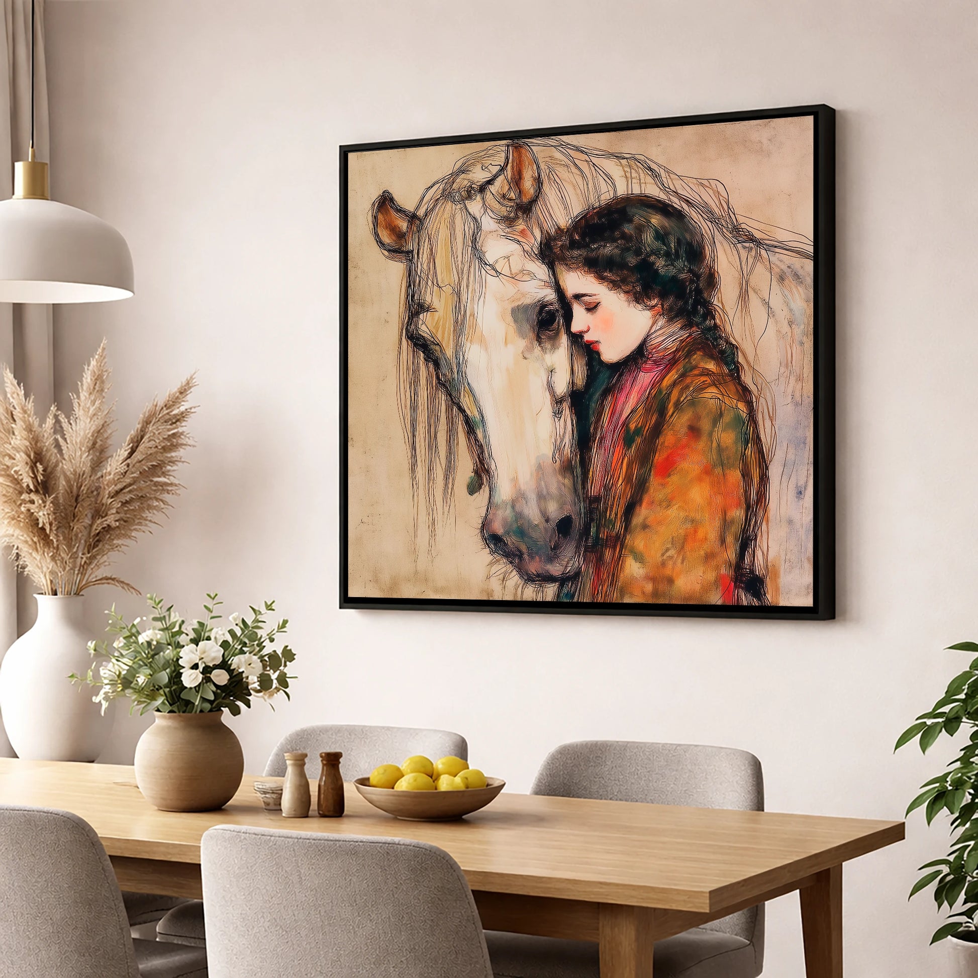 The Silent Language horse & rider wall art displayed in a dining room