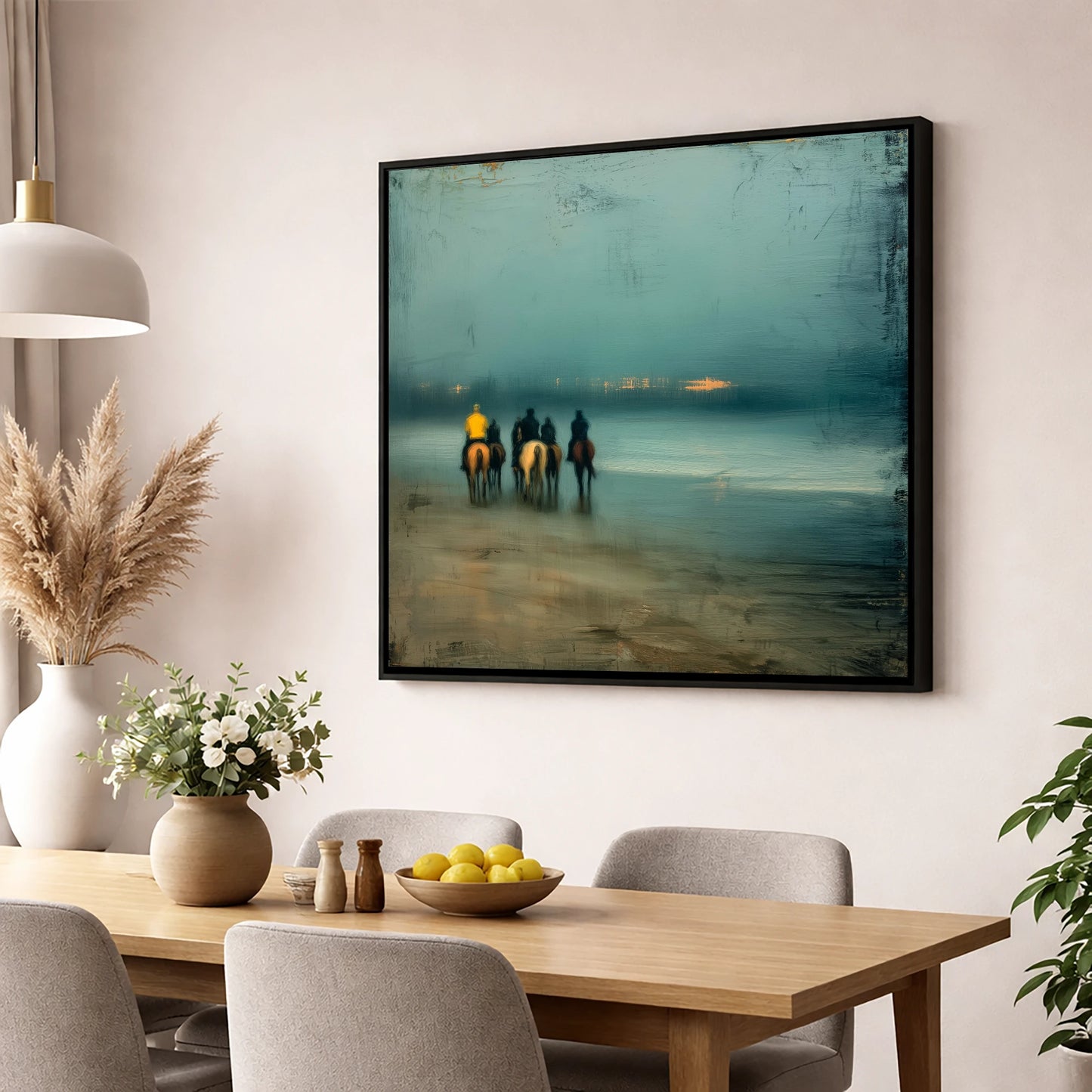 Twilight Beach Hack horse landscape wall art displayed in a dining room
