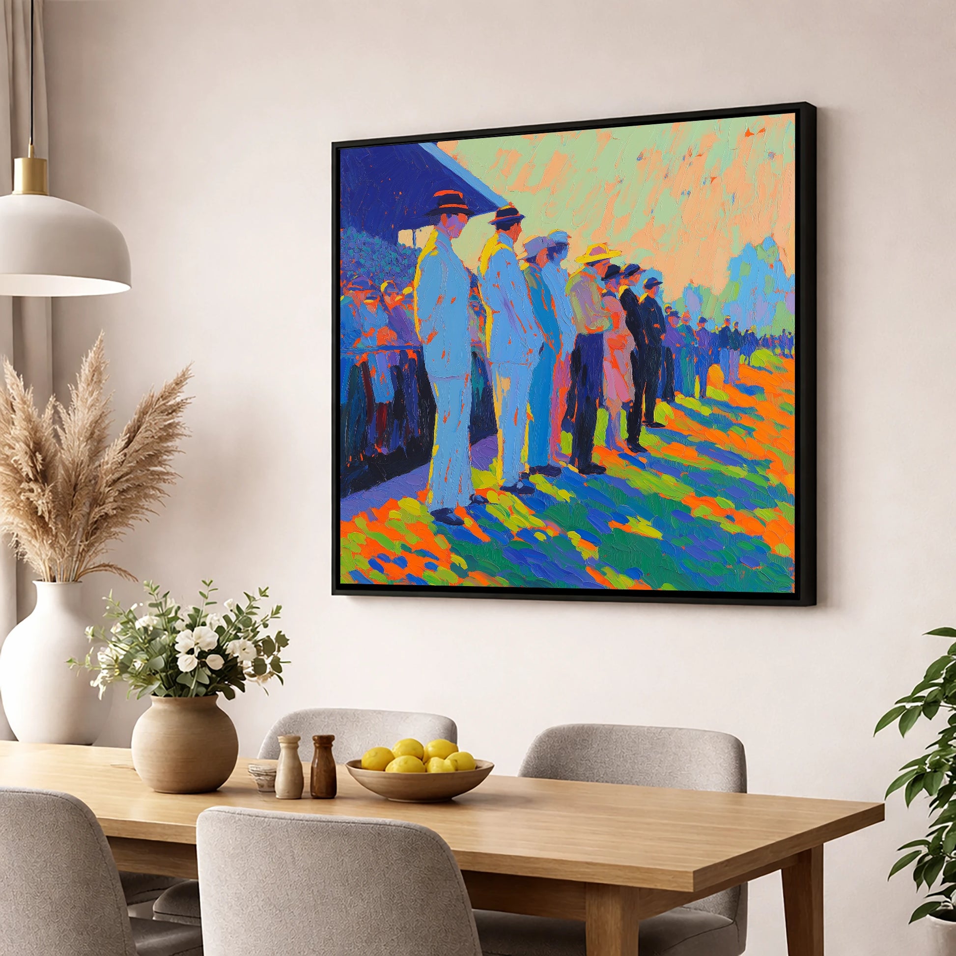Trackside Anticipation racing horse wall art displayed in a dining room