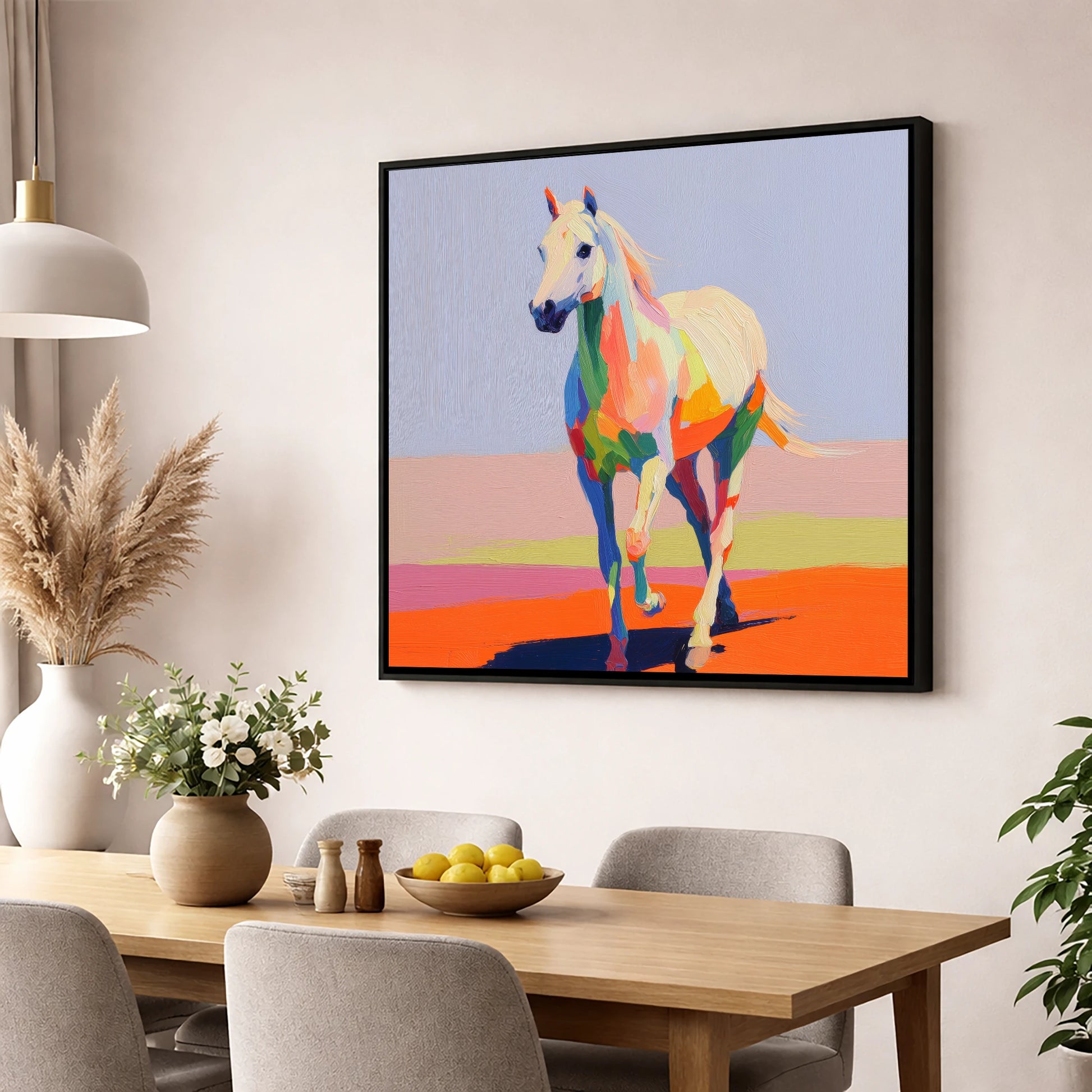 Prismatic Strides horse breed wall art displayed in a dining room