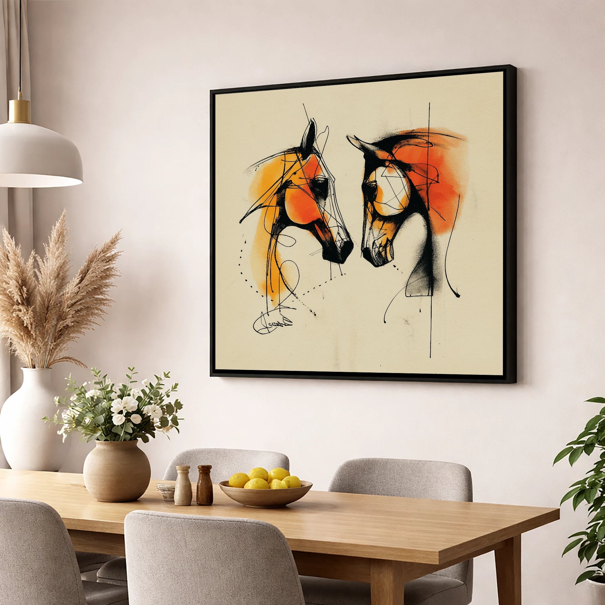 Abstract Amber Dialogue horse portrait wall art displayed in a dining room