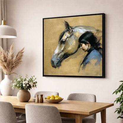 The Silent Bond horse & rider wall art displayed in a dining room