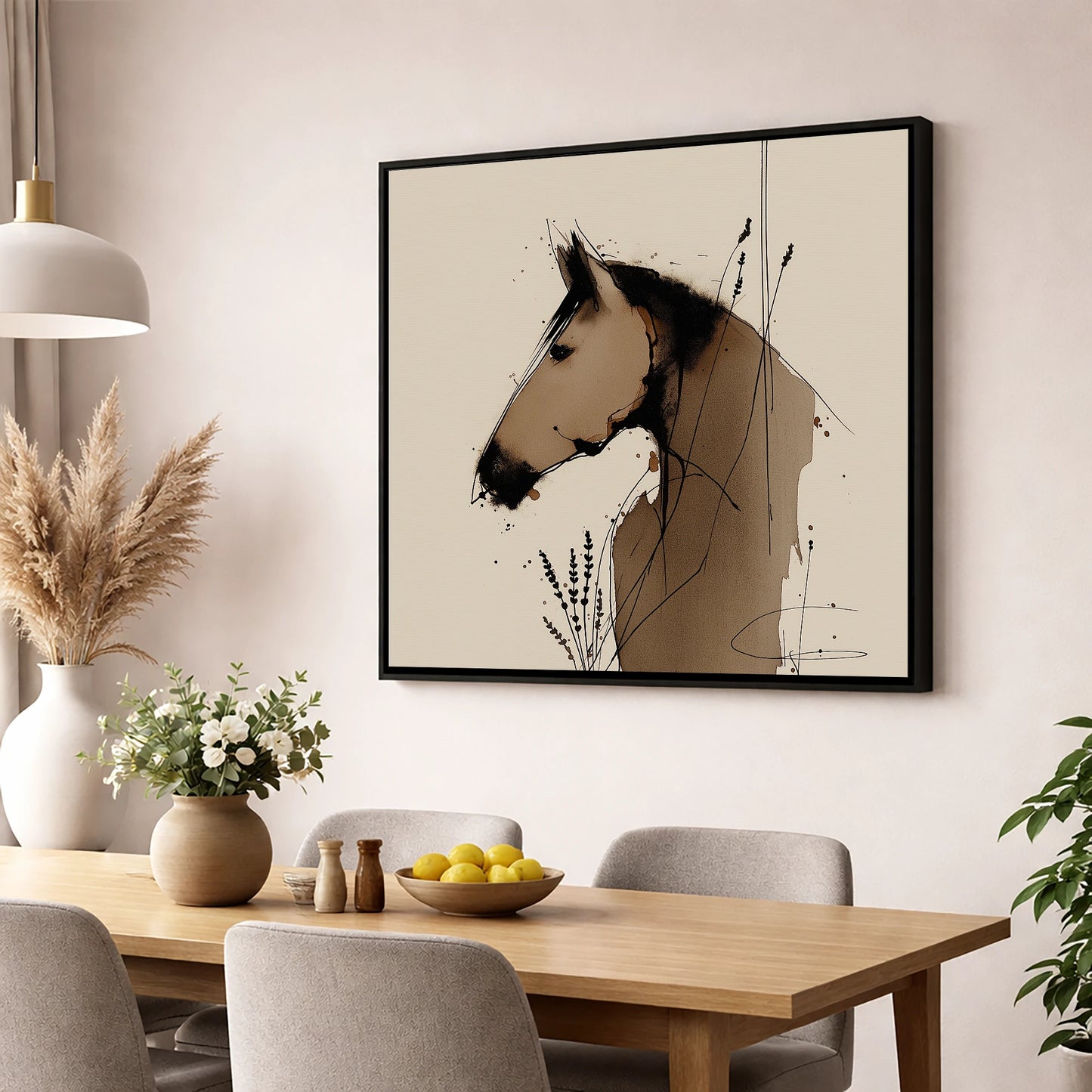 Earthy Equine Silhouette horse portrait wall art displayed in a dining room
