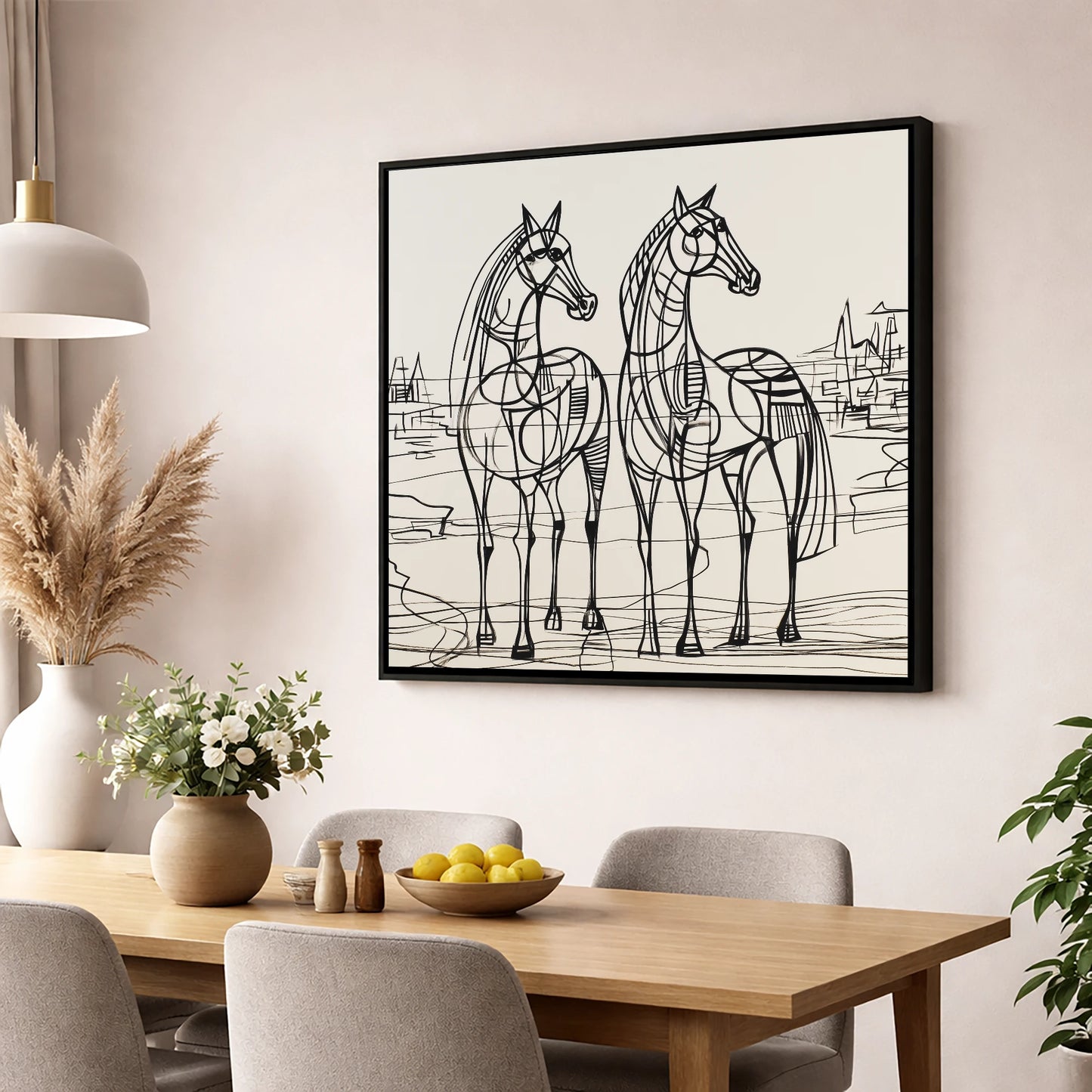 Architectural Equine Duo horse landscape wall art displayed in a dining room